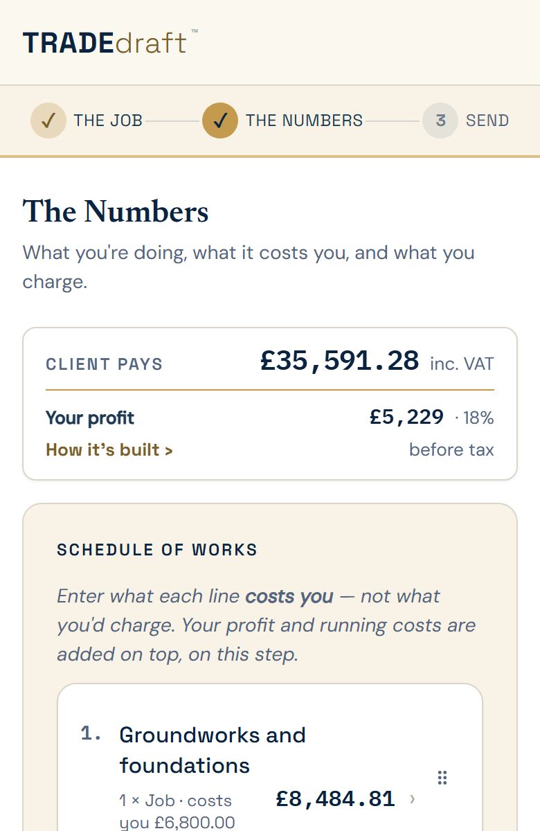 Stage two, The Numbers: the schedule of works with what each line costs you, and the client's price shown at the top as you go