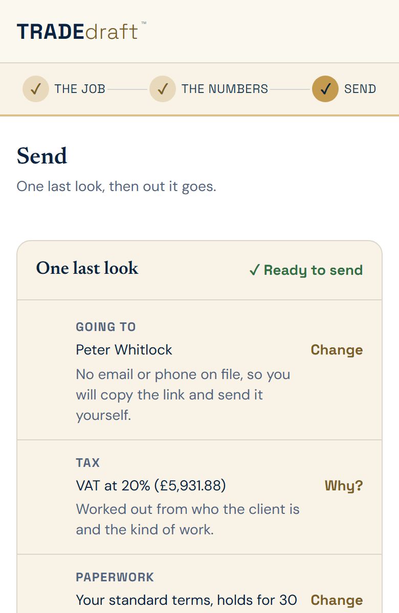 Stage three, Send: one last look at the client's price, the profit and the tax, then the send button